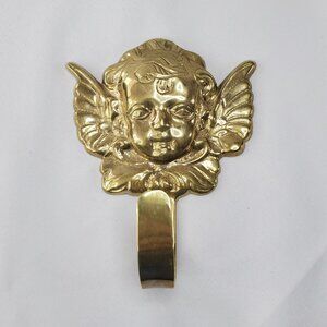 Solid Brass Angel Cherub Wall Hook Decorative Accent Piece 5.25" Tall Vintage